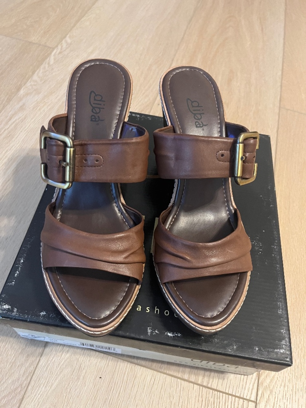 Brand New Diba Brown Leather Strap Wedge Sandals